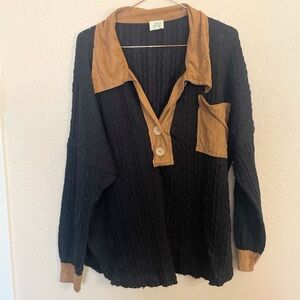 Blue Buttercup Black Collared Knit Top Small Minimal Chic